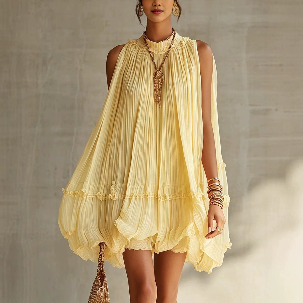 Women's Sleeveless Pleated Puff Skirt A-Line Mini Dress – Ruffled Hem Baby Doll