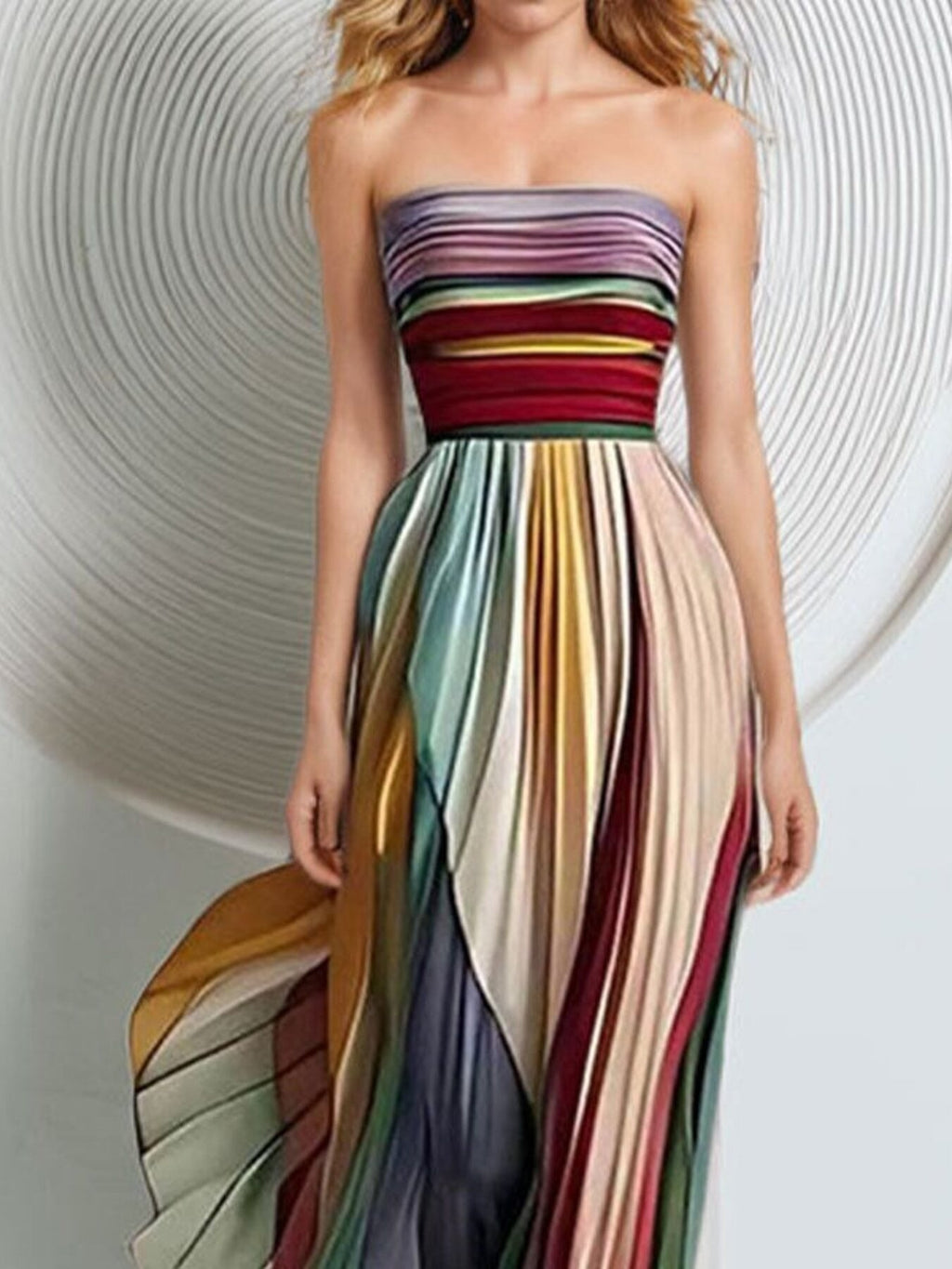 Striped Pleated Strapless Maxi Dress – Formal Sheath