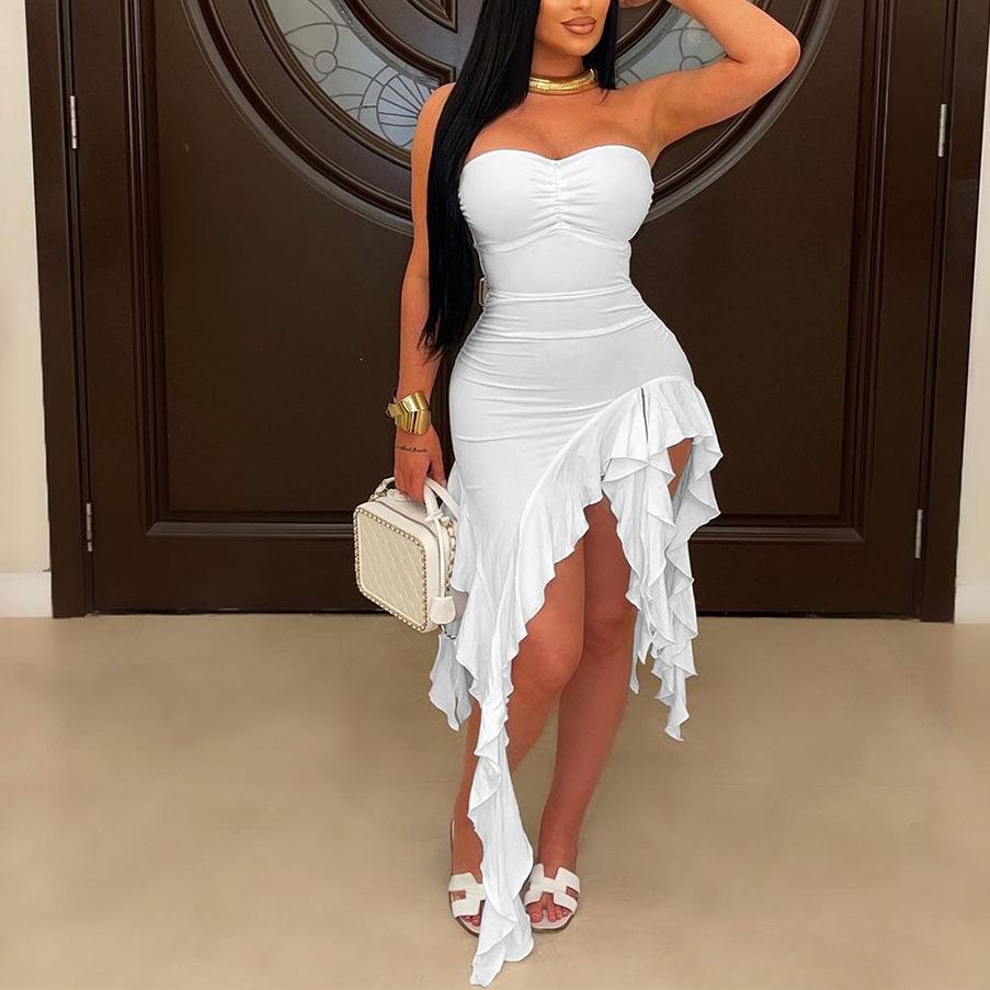 Tube Top Irregular Asymmetric Dress Solid Color Ruffles Dress Women Sheath