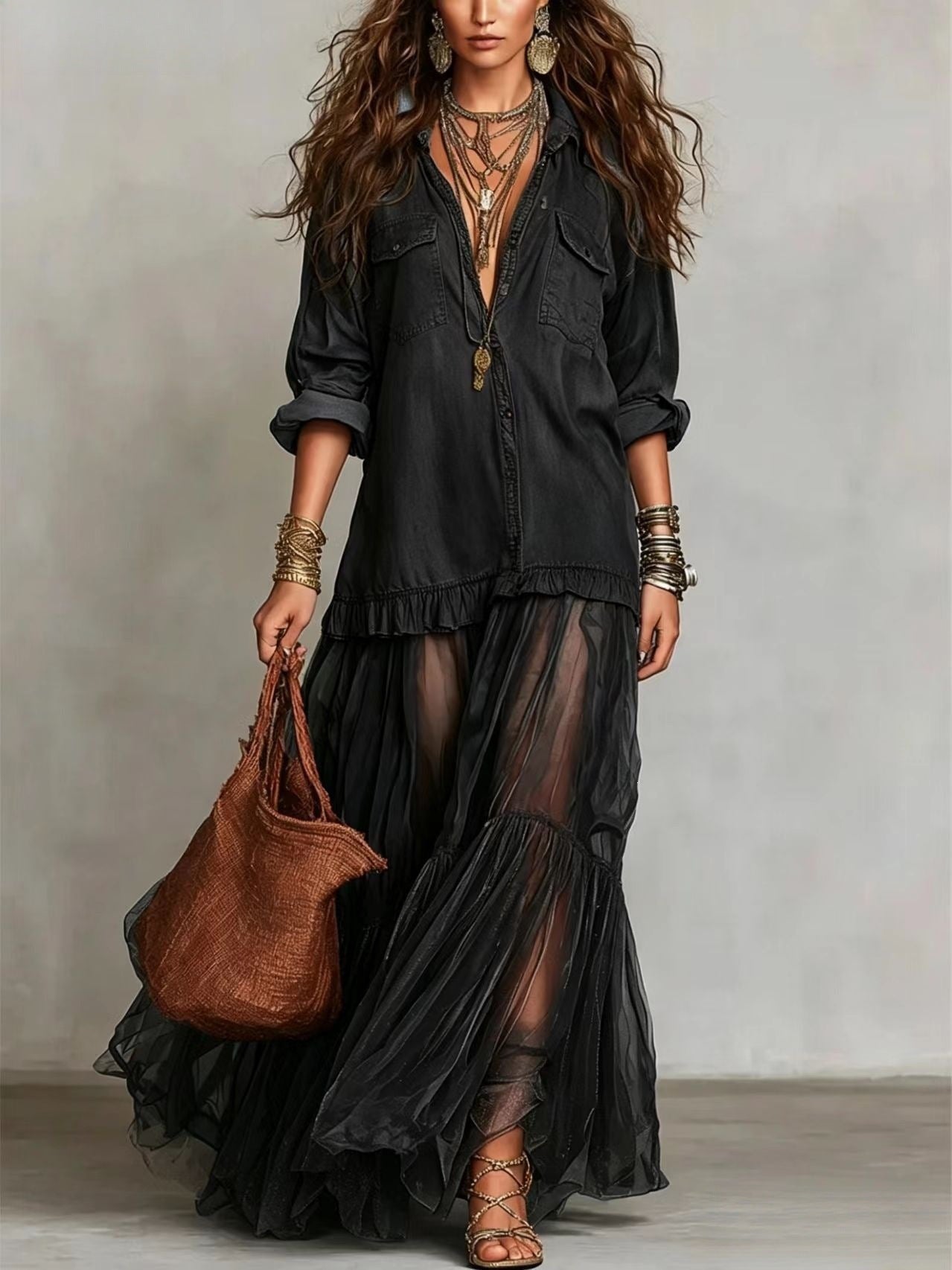 Women's Vintage Denim-Look Long Sleeve A-Line Maxi Dress – 6 Colors S–3XL
