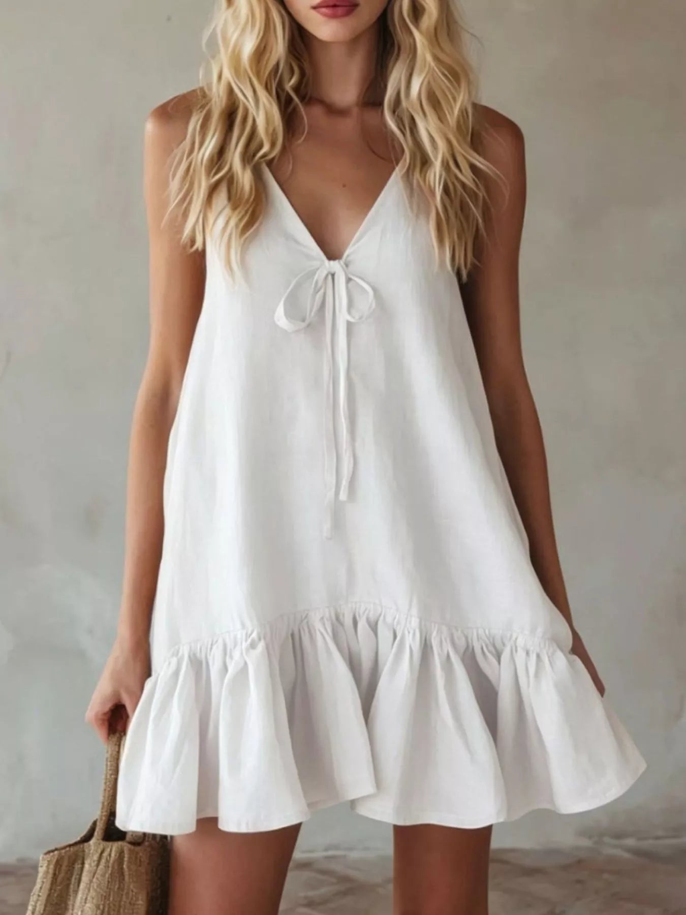 V-Neck Tie Front Ruffle Hem Mini Dress