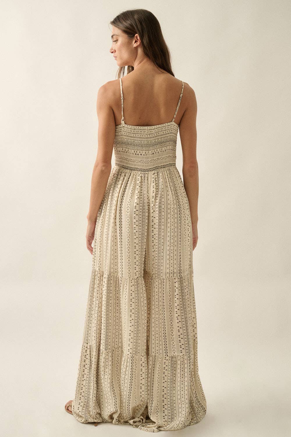 Geometric-Print Ruched Wide-Leg Tiered Ruffle Cami Jumpsuit: Oatmeal
