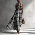 Sleeveless Plaid High Waist Lace-Up A-Line Maxi Dress for Women – Black & White Check