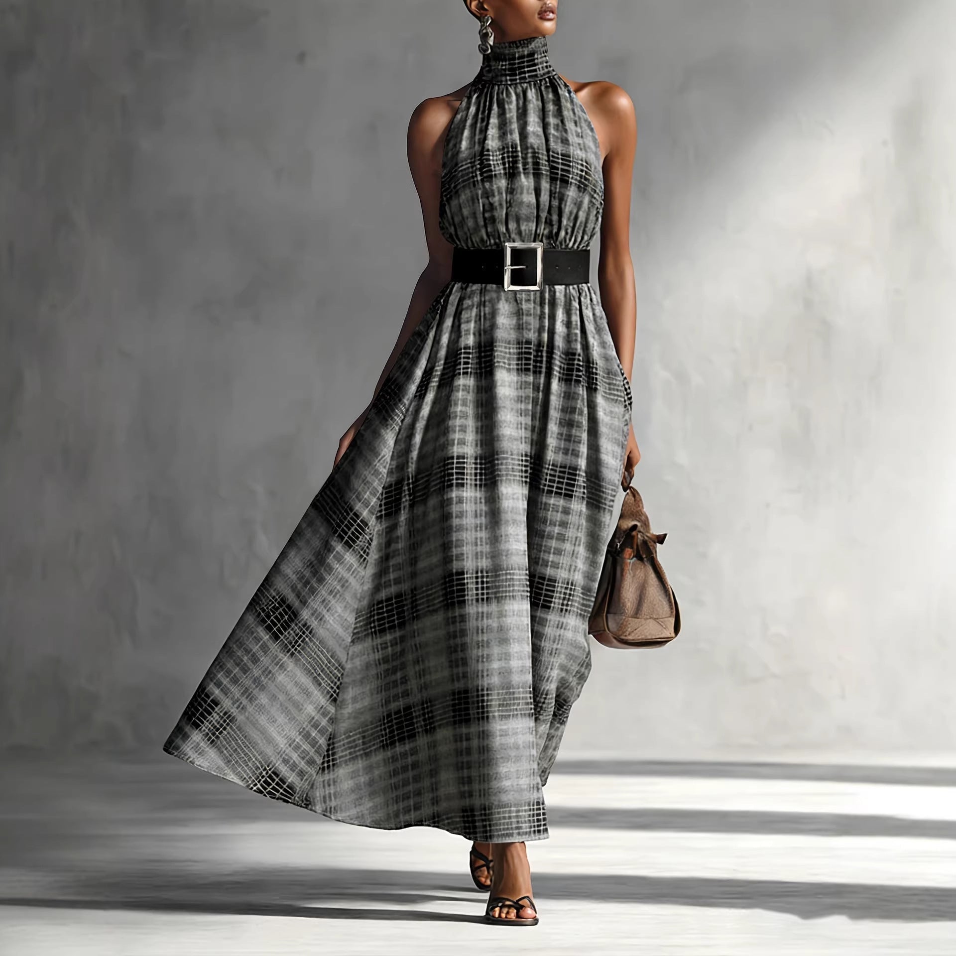 Sleeveless Plaid High Waist Lace-Up A-Line Maxi Dress for Women – Black & White Check