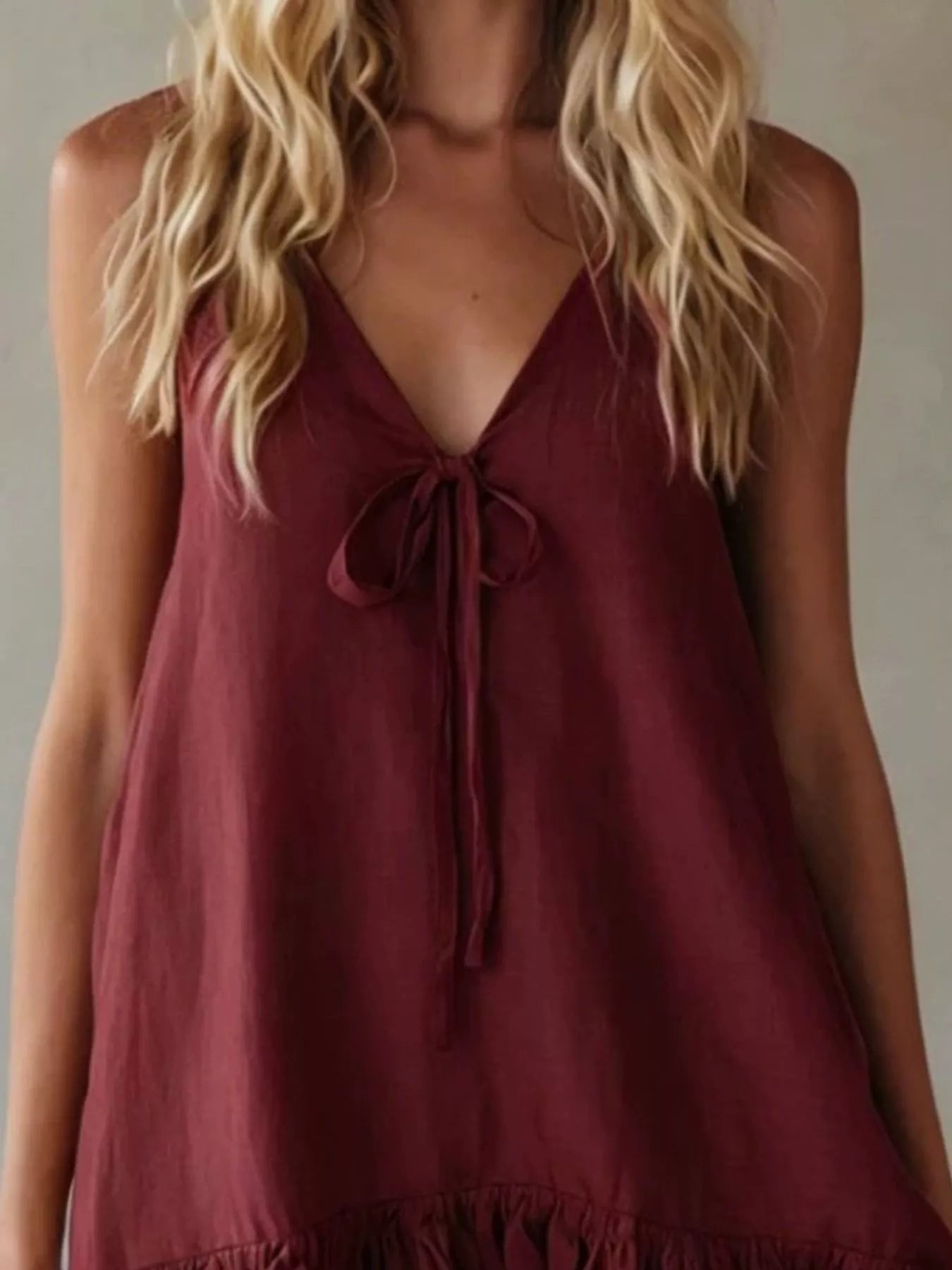 V-Neck Tie Front Ruffle Hem Mini Dress