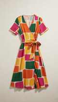 Bold print wrap dress in layered florals