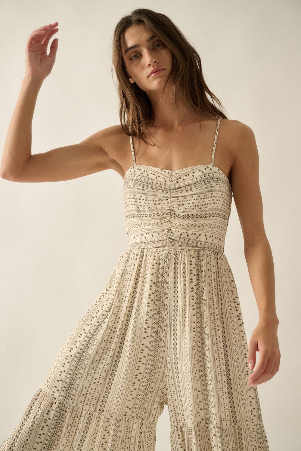 Geometric-Print Ruched Wide-Leg Tiered Ruffle Cami Jumpsuit: Oatmeal