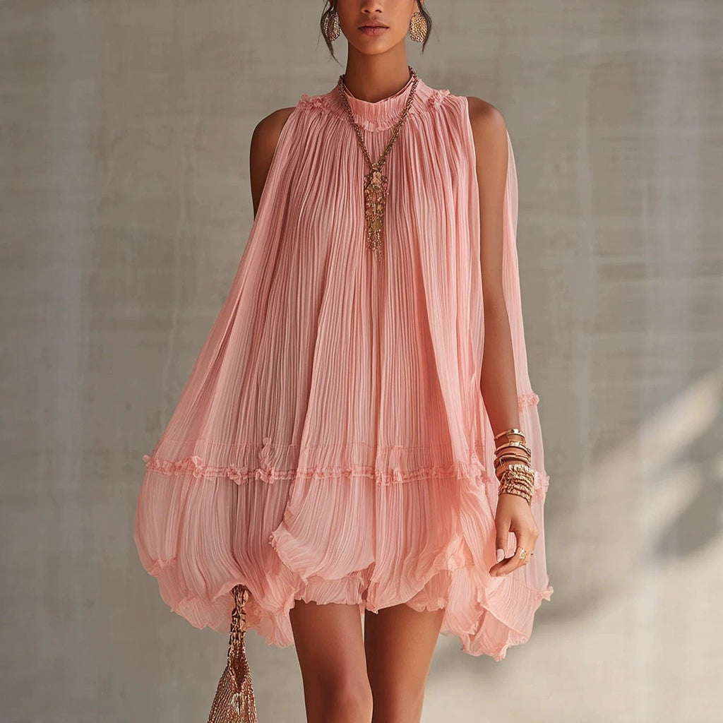 Women's Sleeveless Pleated Puff Skirt A-Line Mini Dress – Ruffled Hem Baby Doll