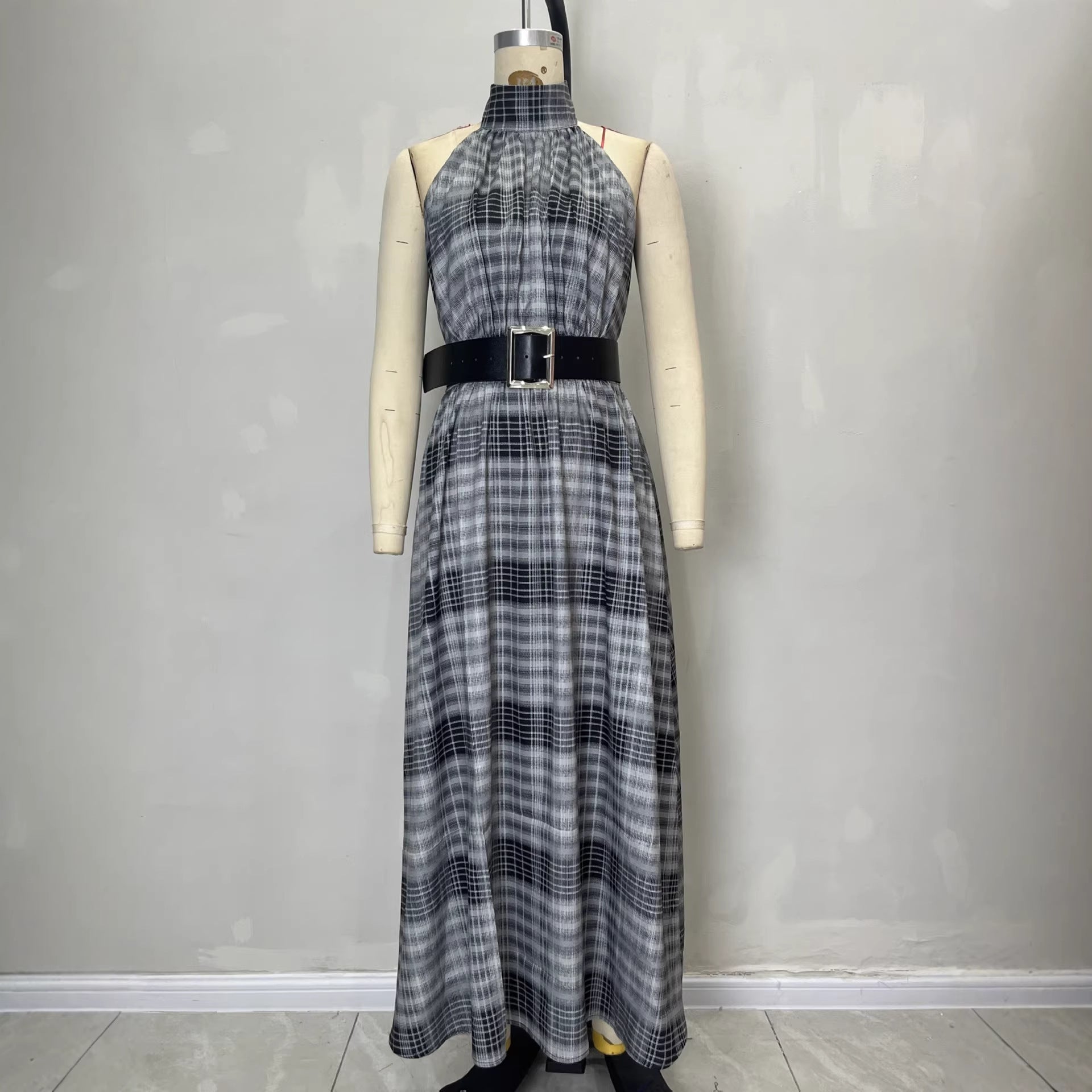 Sleeveless Plaid High Waist Lace-Up A-Line Maxi Dress for Women – Black & White Check
