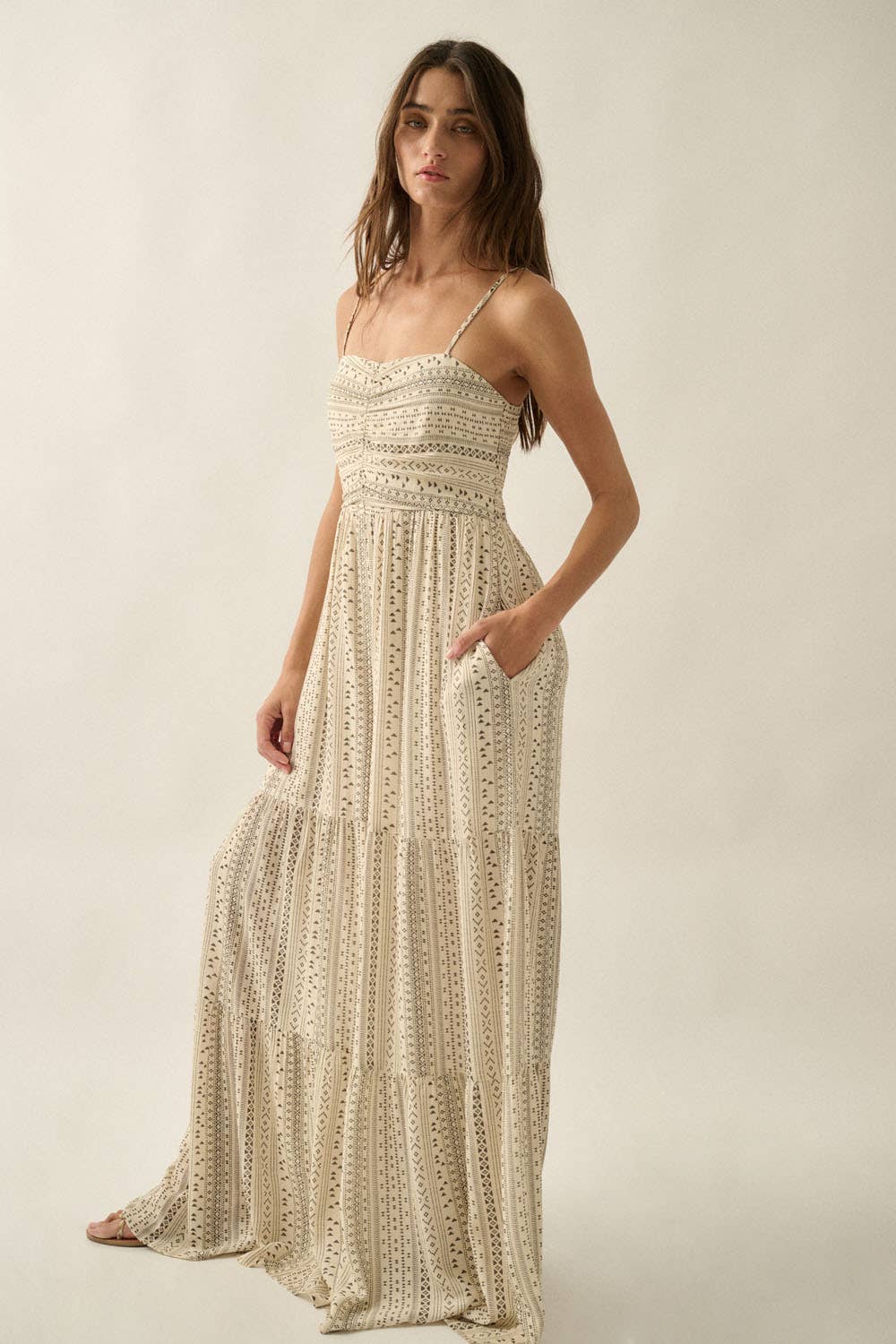 Geometric-Print Ruched Wide-Leg Tiered Ruffle Cami Jumpsuit: Oatmeal