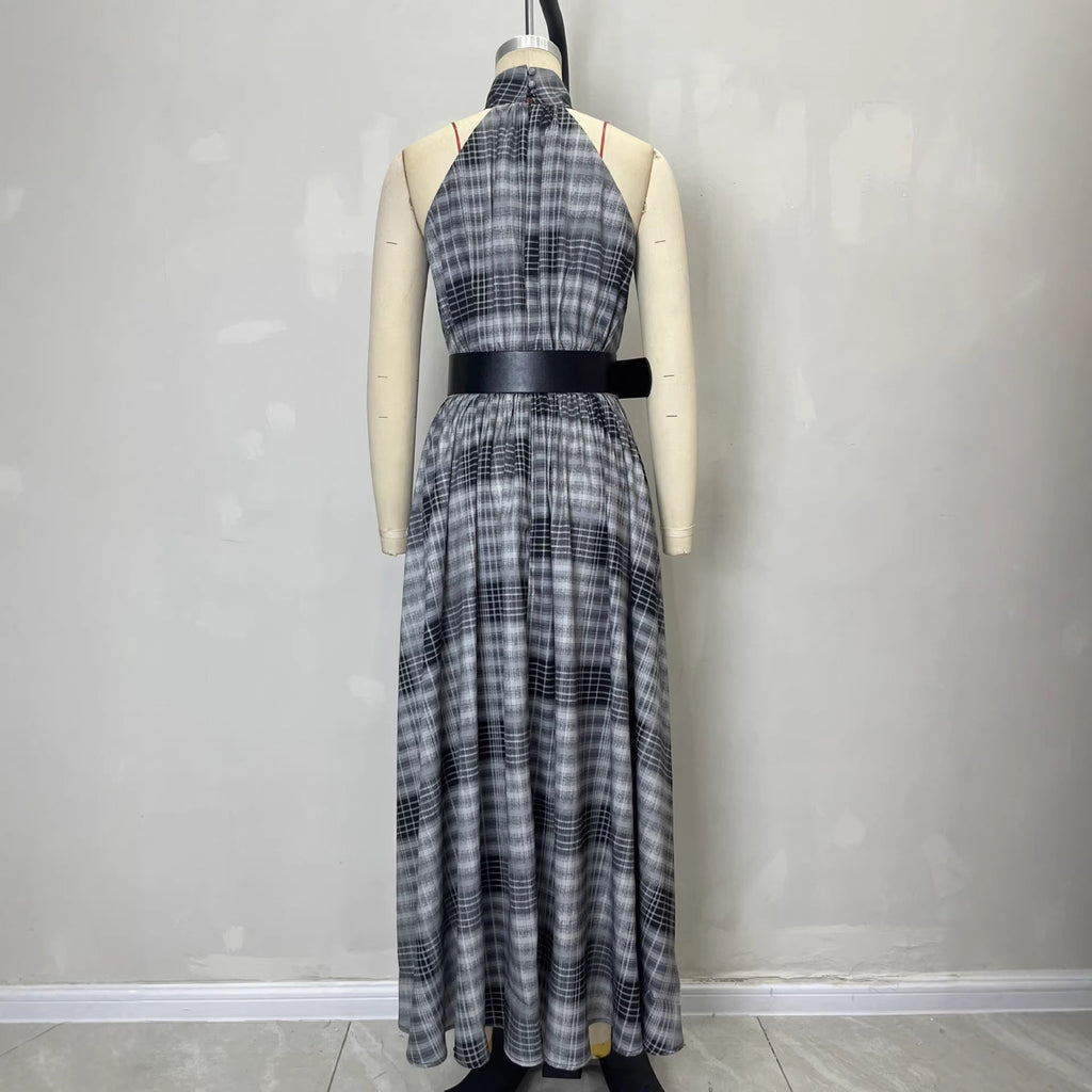 Sleeveless Plaid High Waist Lace-Up A-Line Maxi Dress for Women – Black & White Check
