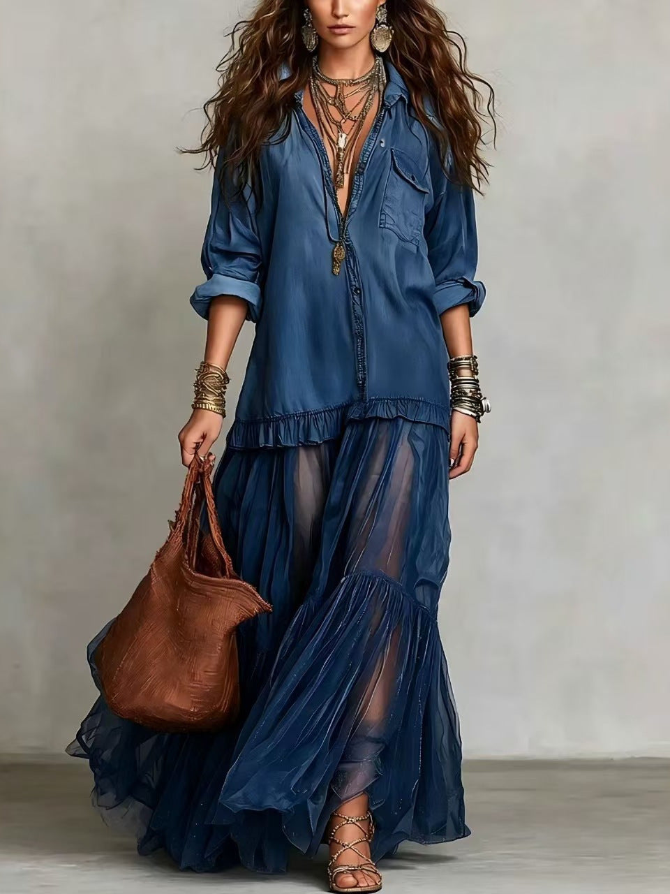 Women's Vintage Denim-Look Long Sleeve A-Line Maxi Dress – 6 Colors S–3XL