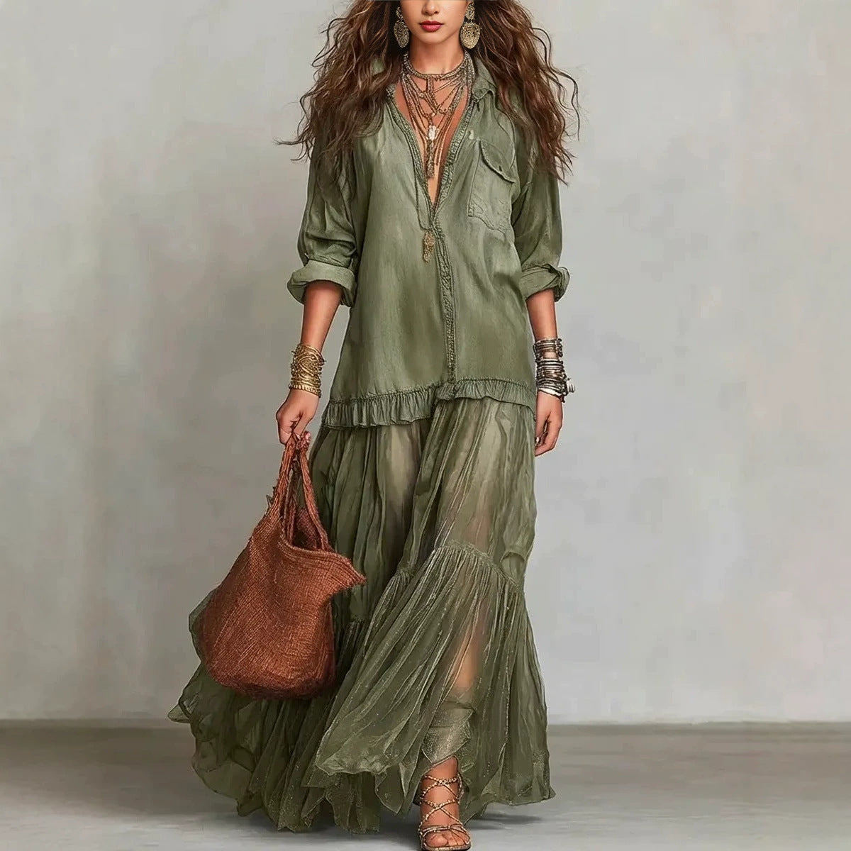 Women's Vintage Denim-Look Long Sleeve A-Line Maxi Dress – 6 Colors S–3XL