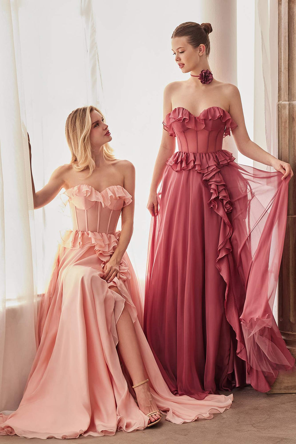 Andrea & Leo A1341 Long Strapless Chiffon Ruffle A-Line Dress