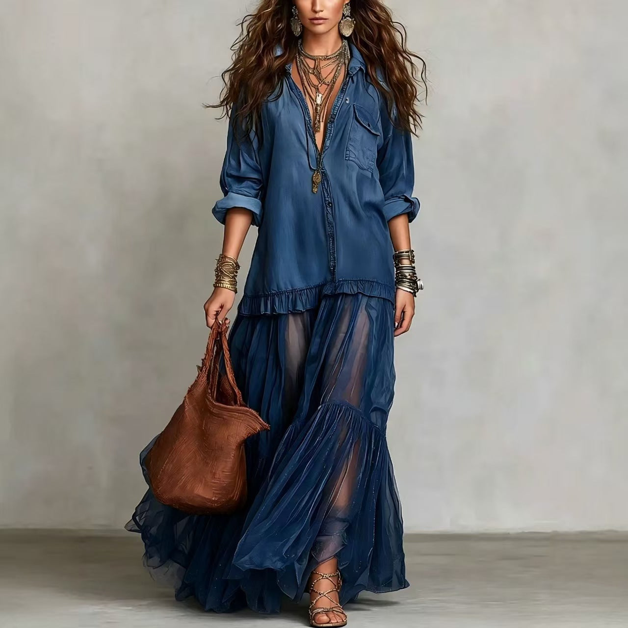 Women's Vintage Denim-Look Long Sleeve A-Line Maxi Dress – 6 Colors S–3XL