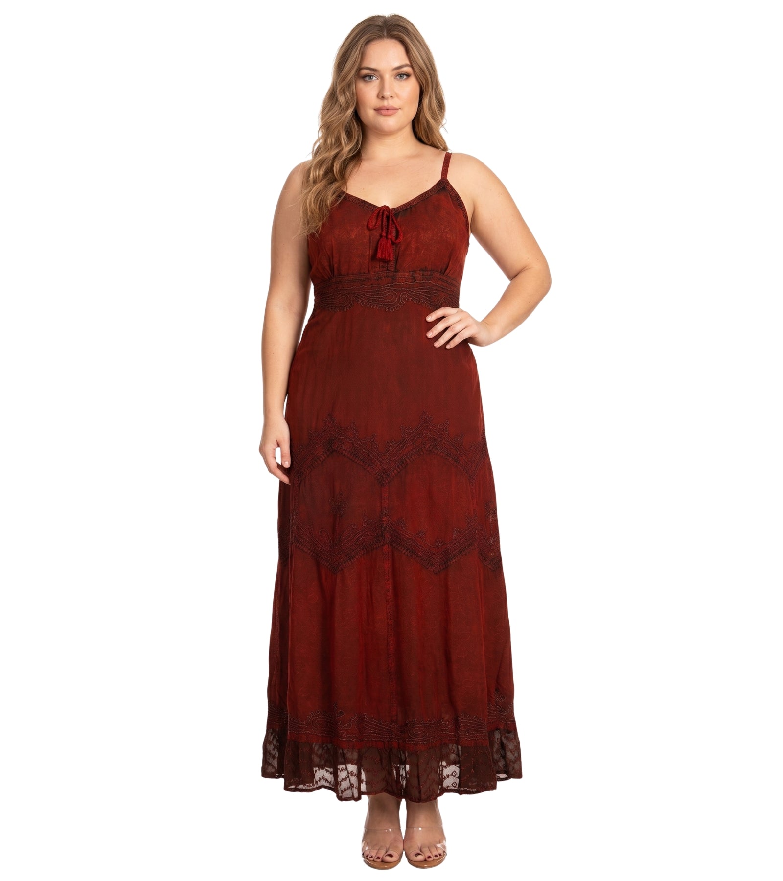 MKY Amy Stonewashed Rayon Embroidered Adjustable Spaghetti Straps Long Dress
