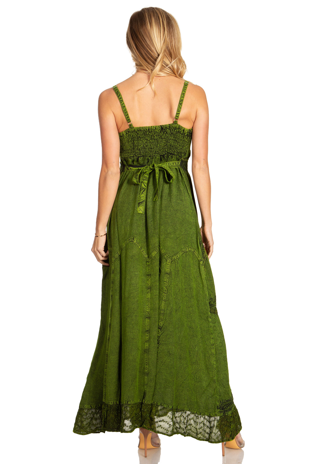 MKY Amy Stonewashed Rayon Embroidered Adjustable Spaghetti Straps Long Dress