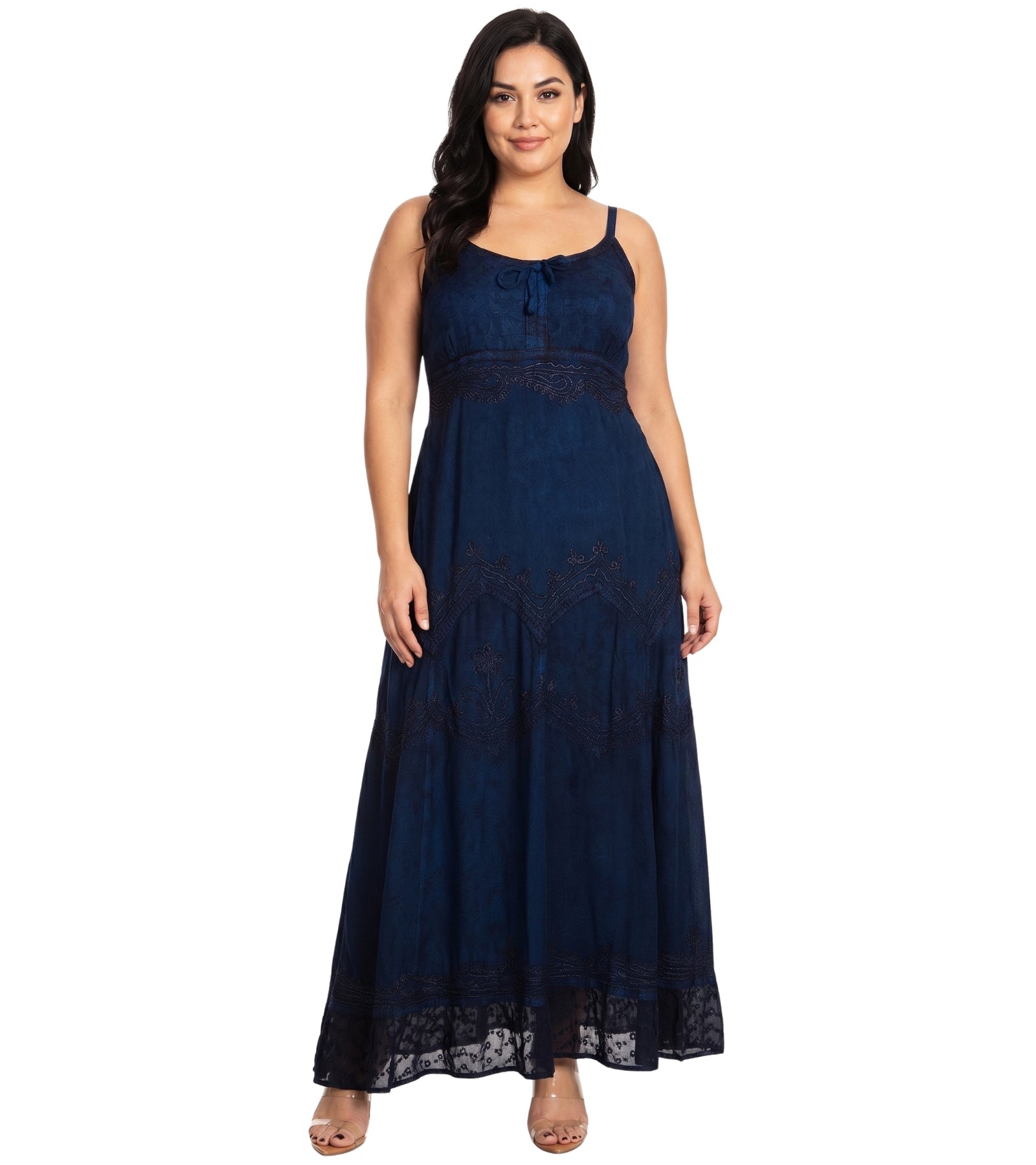 MKY Amy Stonewashed Rayon Embroidered Adjustable Spaghetti Straps Long Dress