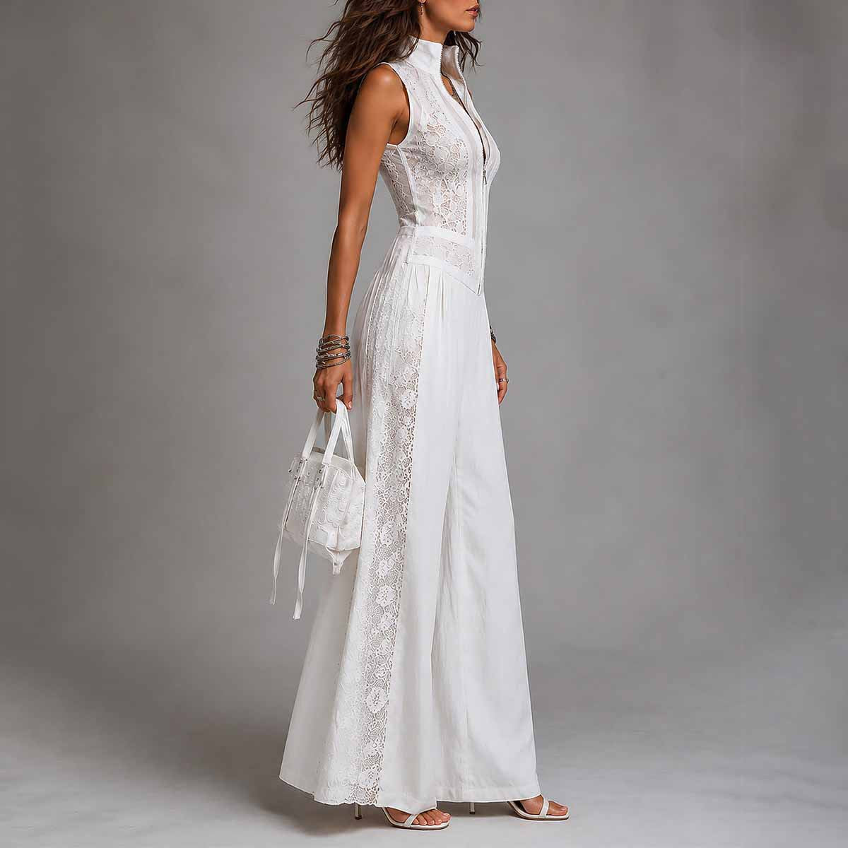 Sleeveless Lace Patchwork Wide-Leg Jumpsuit – High Waist Zip Front