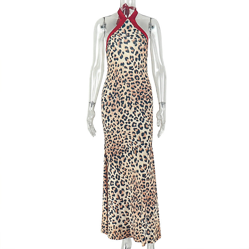 Leopard Print Women Printed Slim Fitting Patchwork Hip Dress Hanging Collar Sleeveless Elegant Street Dress