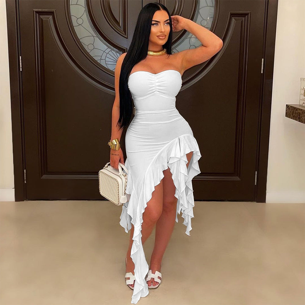 Tube Top Irregular Asymmetric Dress Solid Color Ruffles Dress Women Sheath