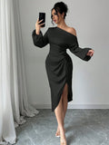 One Shoulder Cold Shoulder Long Sleeve Dress Fitted Waist Pleated Irregular Asymmetric Slit Midi Dress Elegant Evening Dress