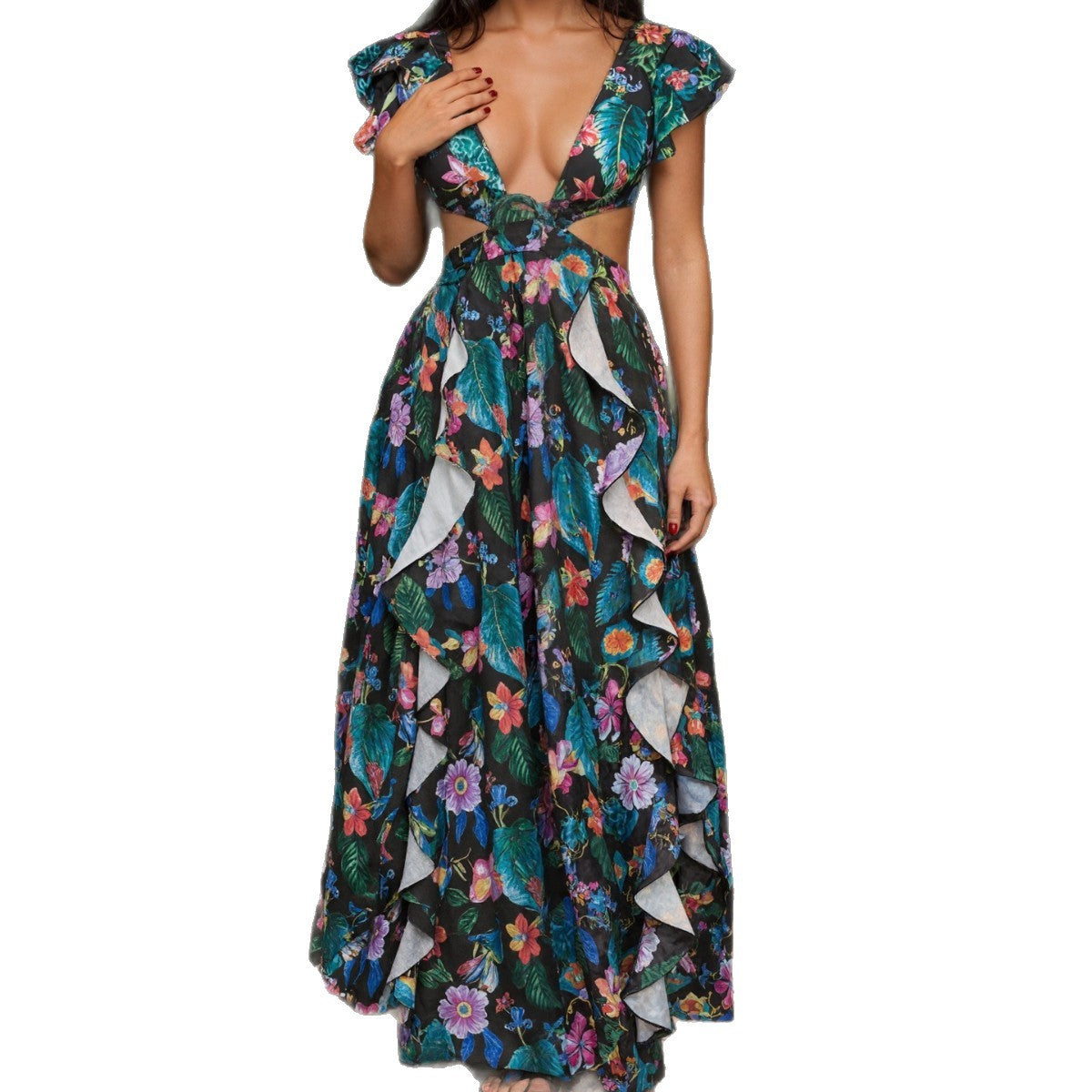 Summer Printed Maxi Dress High Waist Safety Pin Flying Sleeves Lace up Backless Vacation Dress