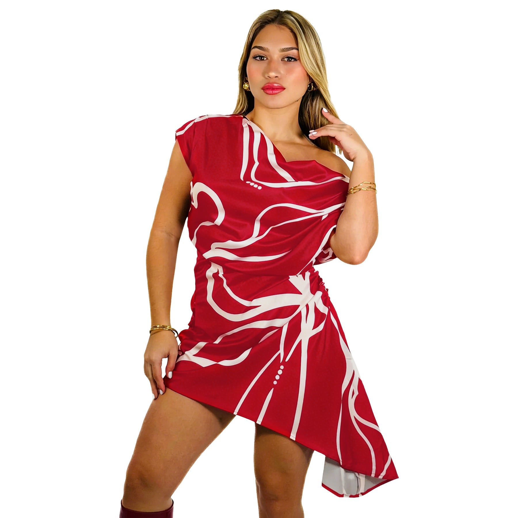 Women Wear Stripe Printed Short Dress Sloping Shoulder Dress