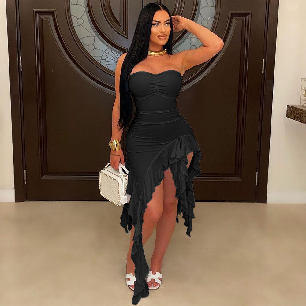 Tube Top Irregular Asymmetric Dress Solid Color Ruffles Dress Women Sheath