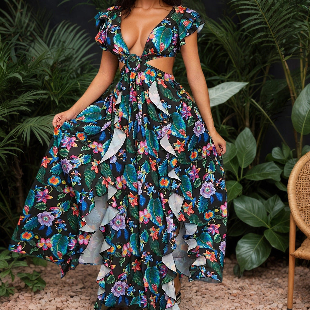 Summer Printed Maxi Dress High Waist Safety Pin Flying Sleeves Lace up Backless Vacation Dress