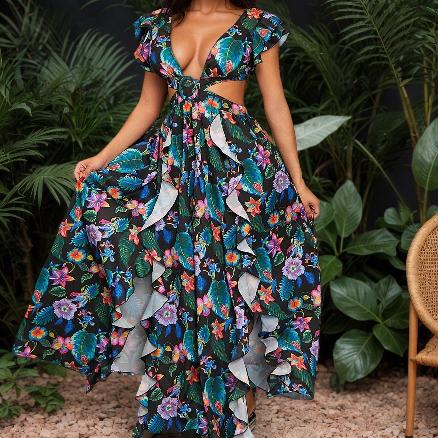 Summer Printed Maxi Dress High Waist Safety Pin Flying Sleeves Lace up Backless Vacation Dress