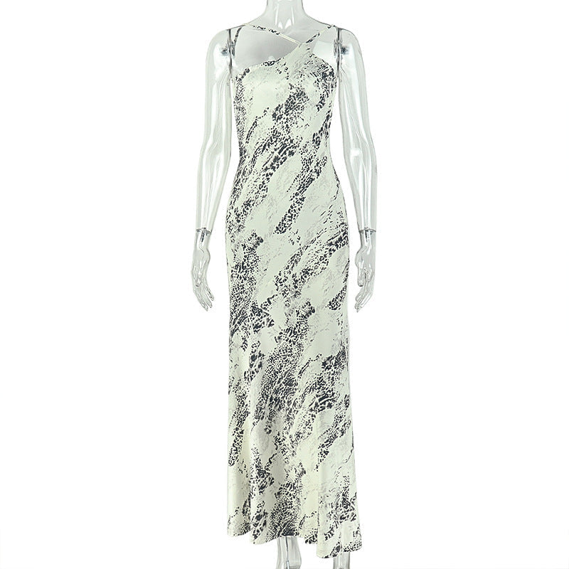 Color Matching Women Clothing Elegant Backless Home Gray White Sheath Dress Sleeveless Slim Asymmetric Dress