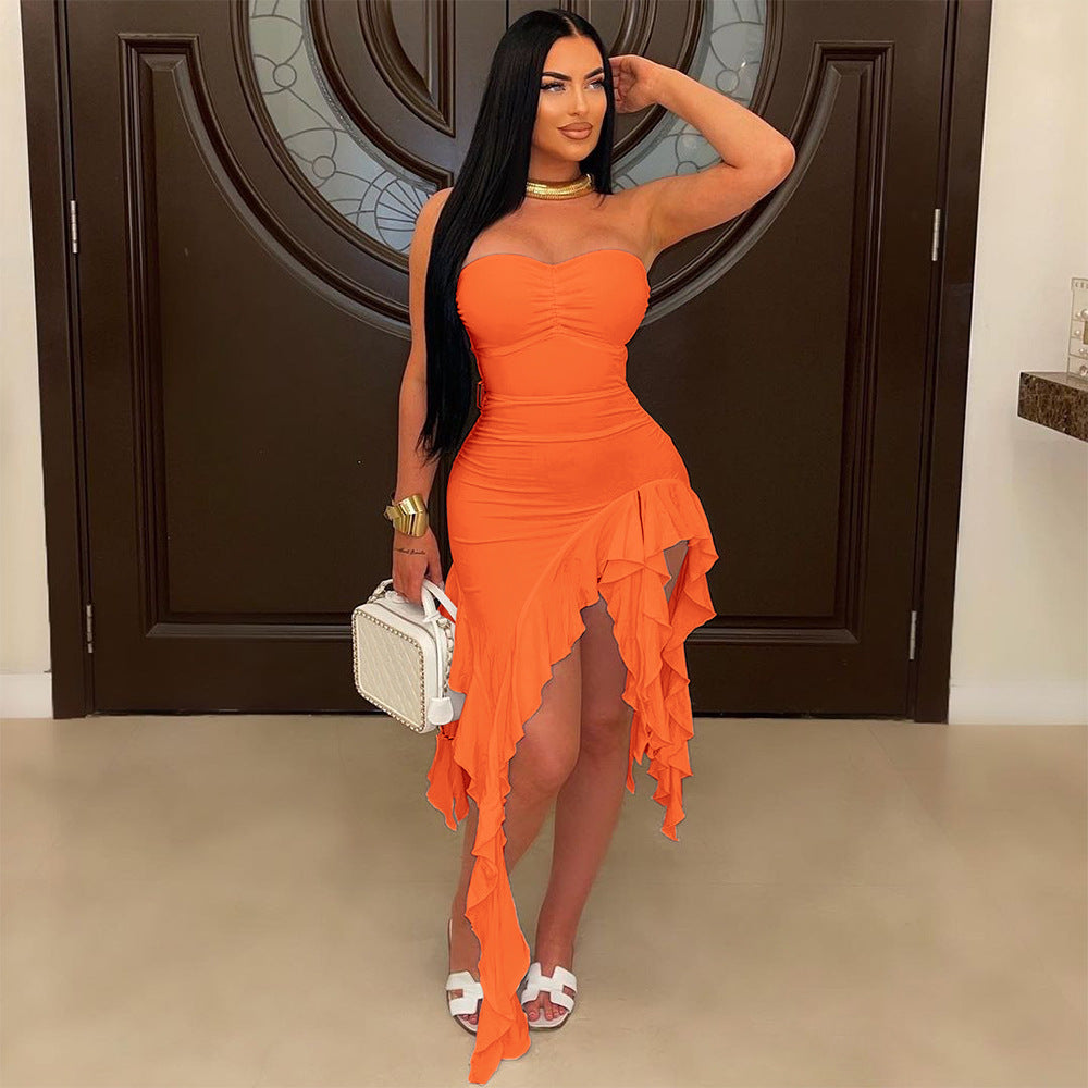 Tube Top Irregular Asymmetric Dress Solid Color Ruffles Dress Women Sheath