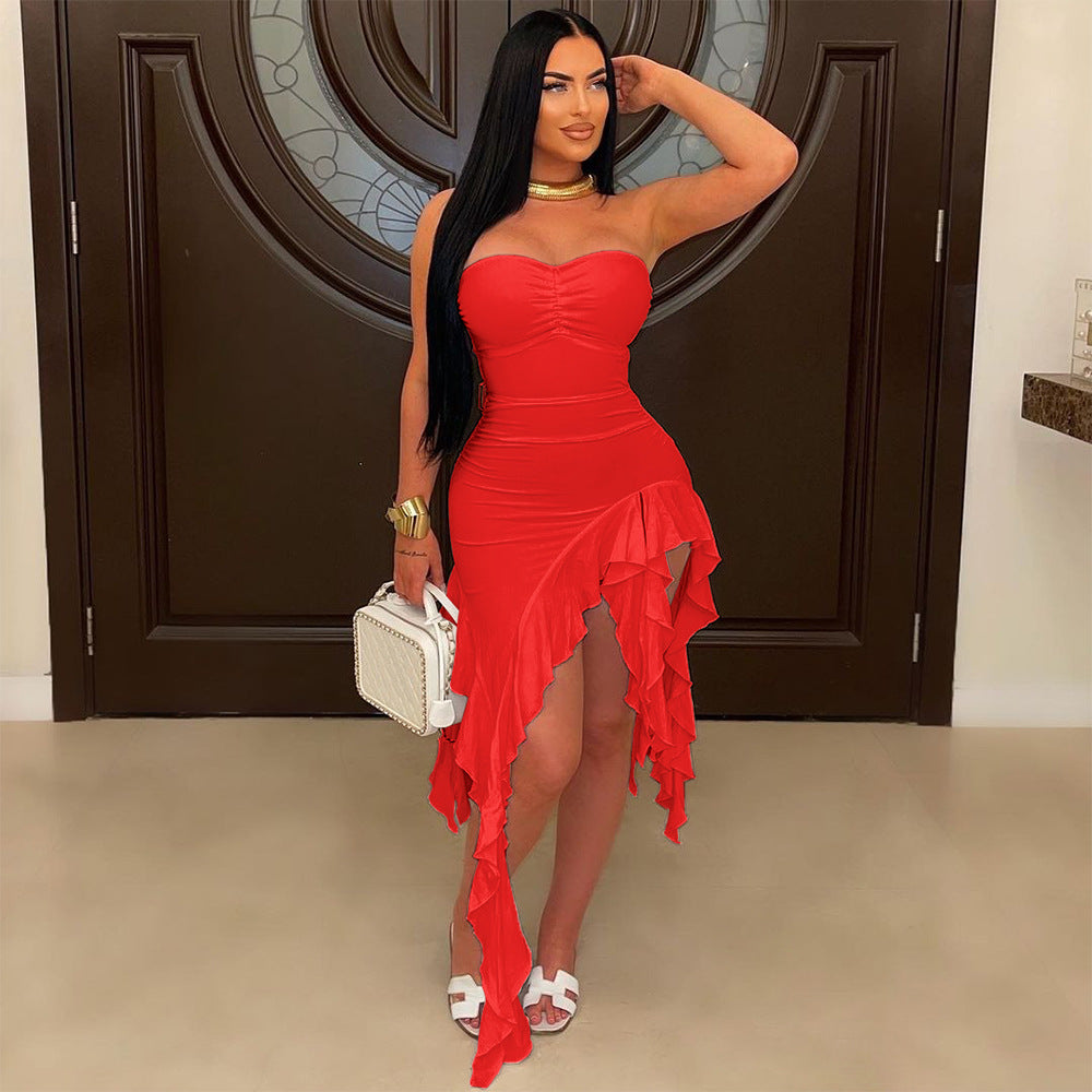Tube Top Irregular Asymmetric Dress Solid Color Ruffles Dress Women Sheath