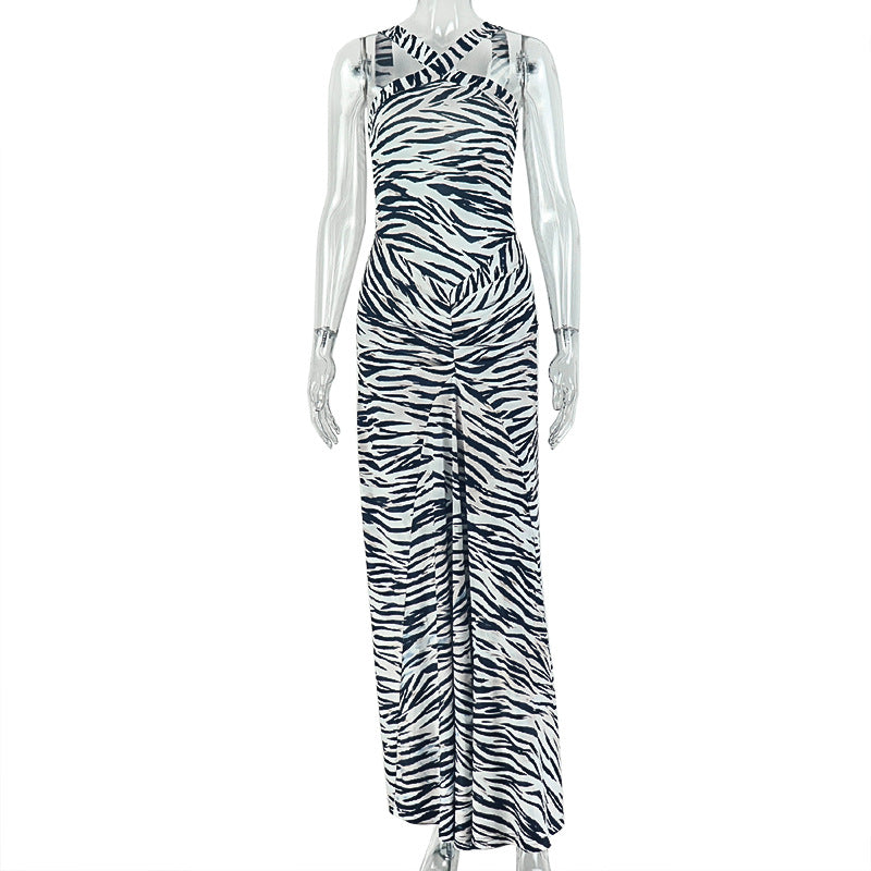 Women Streetwear Printed Leopard Print Hip Dress Cross Strap Sleeveless Slim Dress