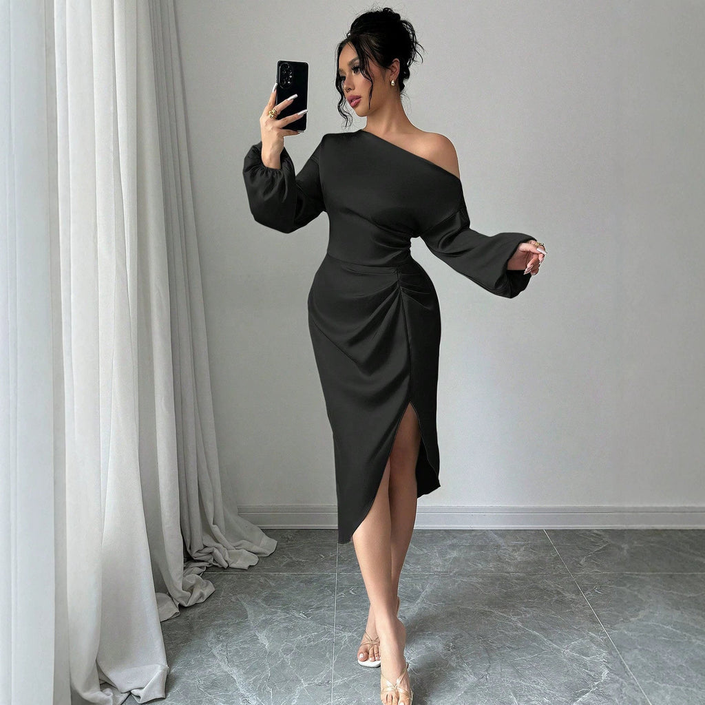 One Shoulder Cold Shoulder Long Sleeve Dress Fitted Waist Pleated Irregular Asymmetric Slit Midi Dress Elegant Evening Dress
