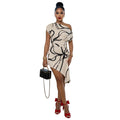 Women Wear Stripe Printed Short Dress Sloping Shoulder Dress