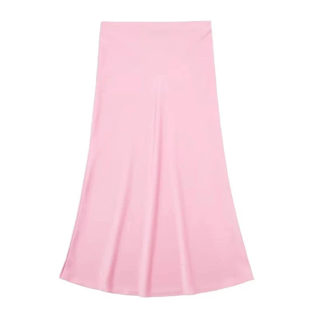 HH 2024 Y2K Casual Women Long Skirt Spring Elastic High Waisted A-Line Casual Female Satin Skirts High Street Lady Skirts