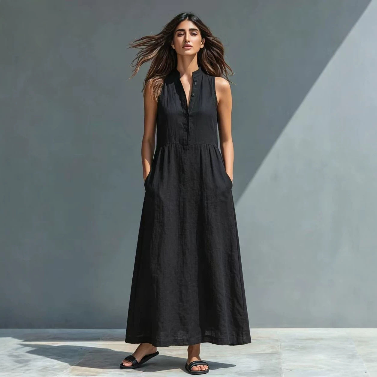 Women's Stand-Collar A-Line Maxi Dress – Resort & Vacation Style