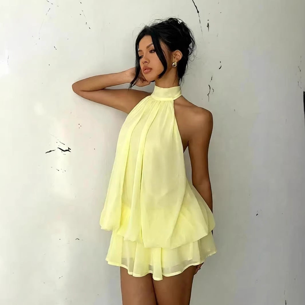 Women's Chiffon Halter Mini Dress – High-Waist Open-Back A-Line Dress