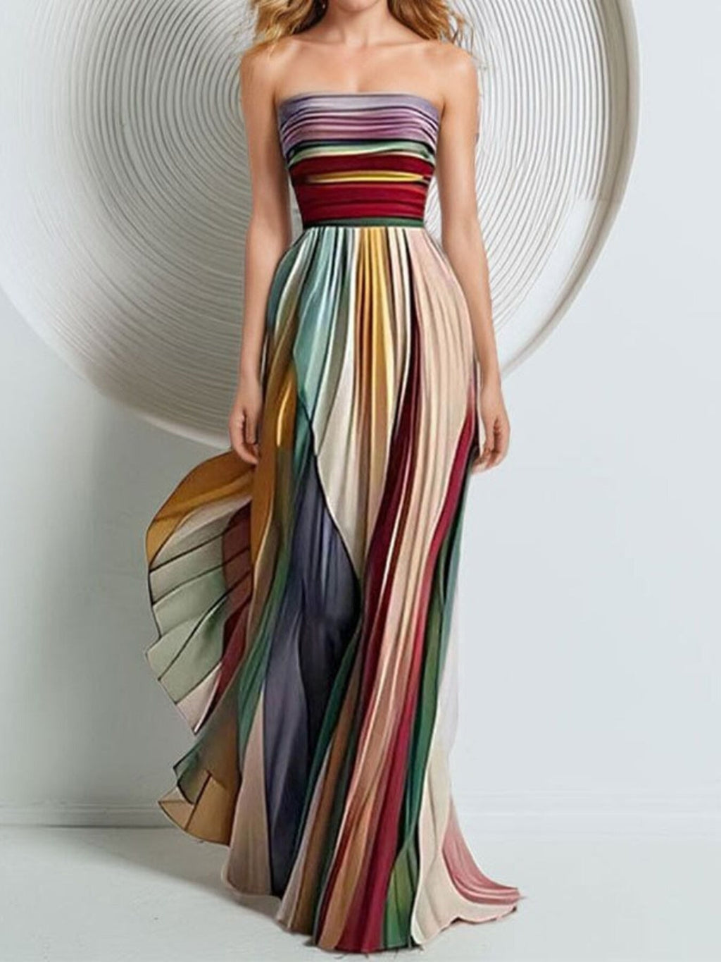 Striped Pleated Strapless Maxi Dress – Formal Sheath