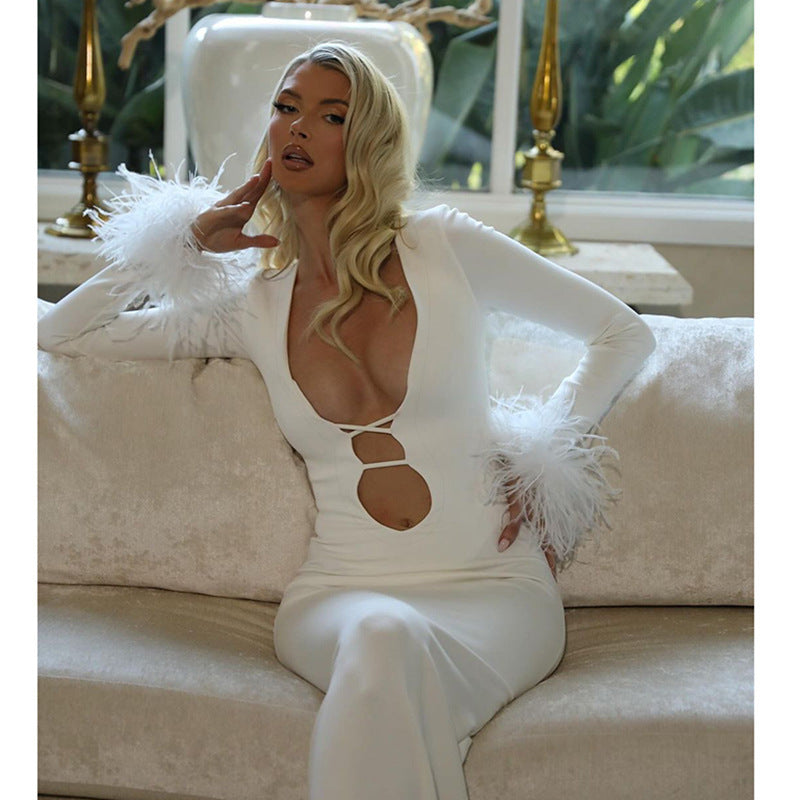 New sexy White Autumn U bust line Hollow Feather sleeves Long Dress for women