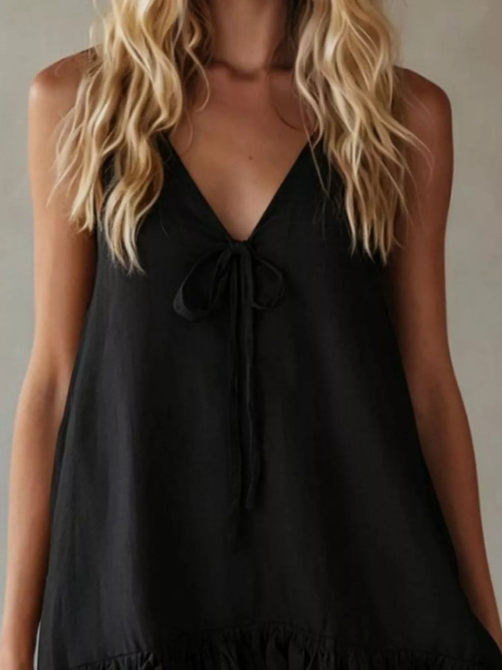 V-Neck Tie Front Ruffle Hem Mini Dress