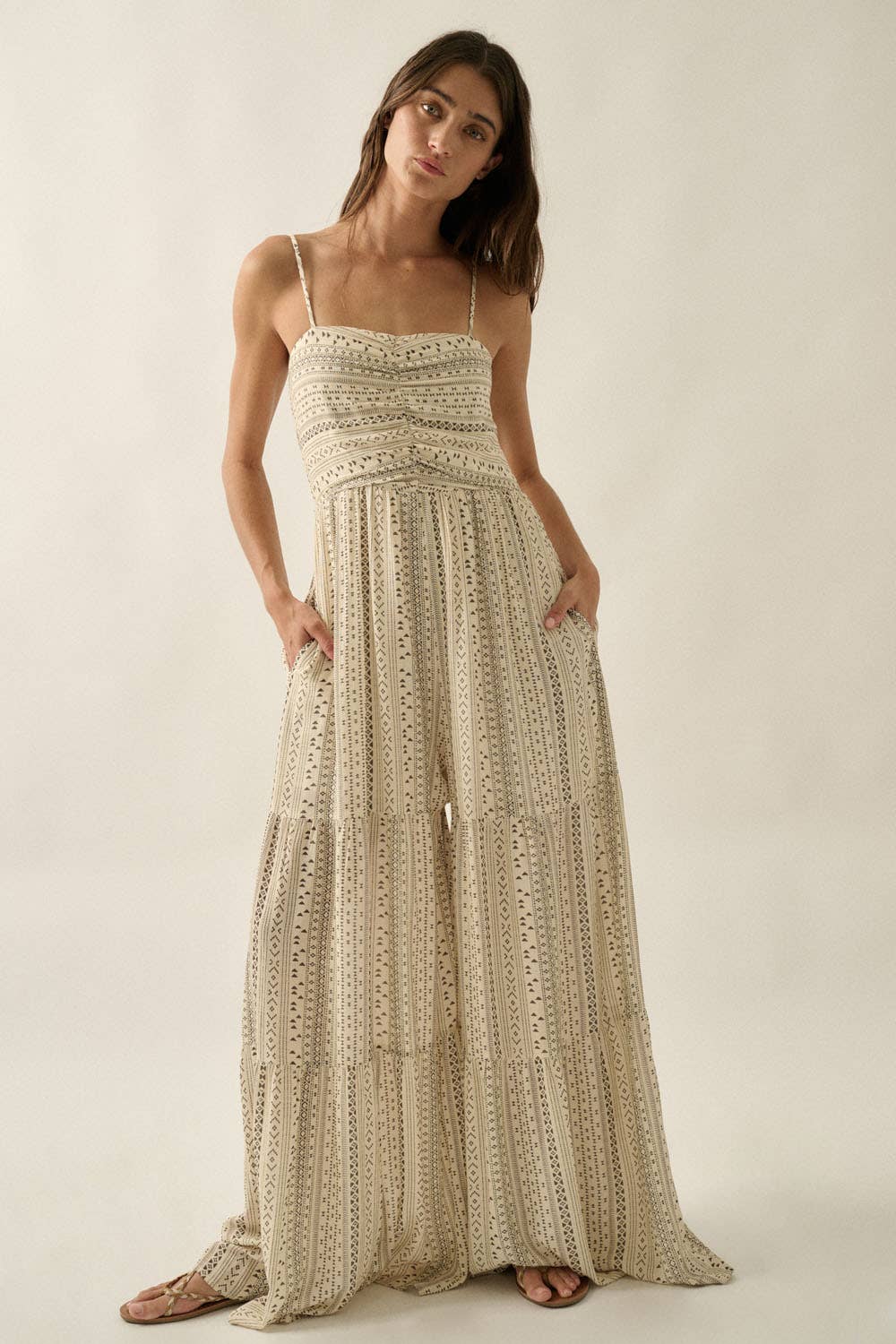 Geometric-Print Ruched Wide-Leg Tiered Ruffle Cami Jumpsuit: Oatmeal
