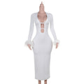 New sexy White Autumn U bust line Hollow Feather sleeves Long Dress for women