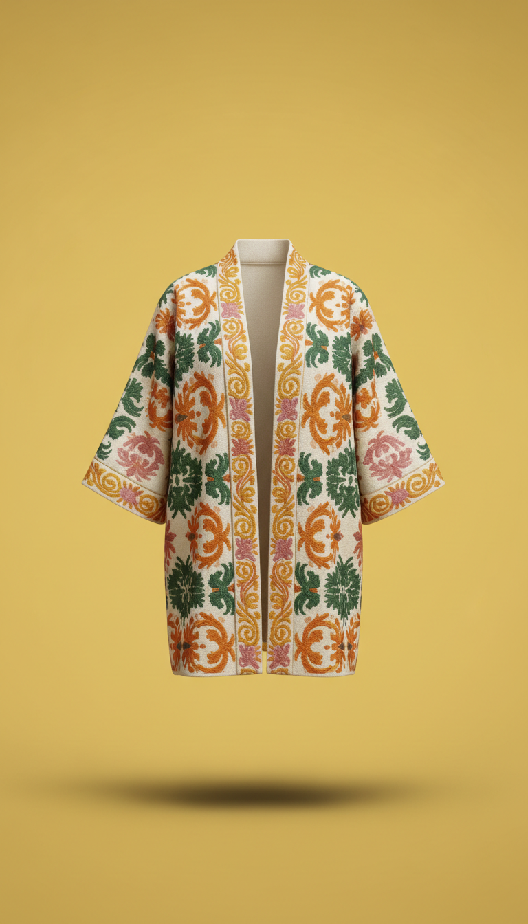 Embroidered kimono jacket with global motifs