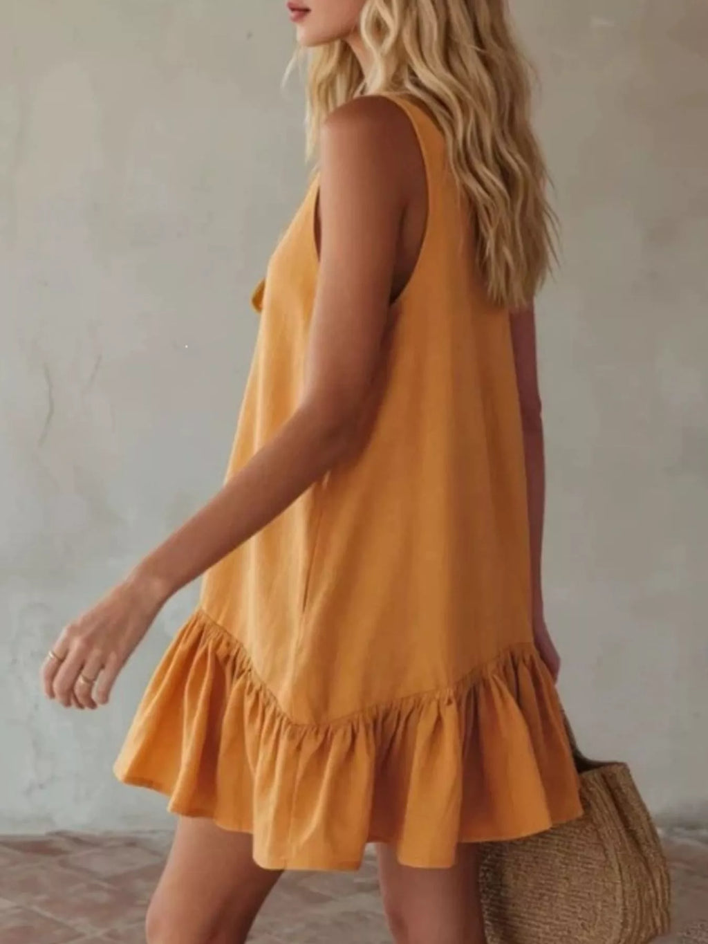 V-Neck Tie Front Ruffle Hem Mini Dress