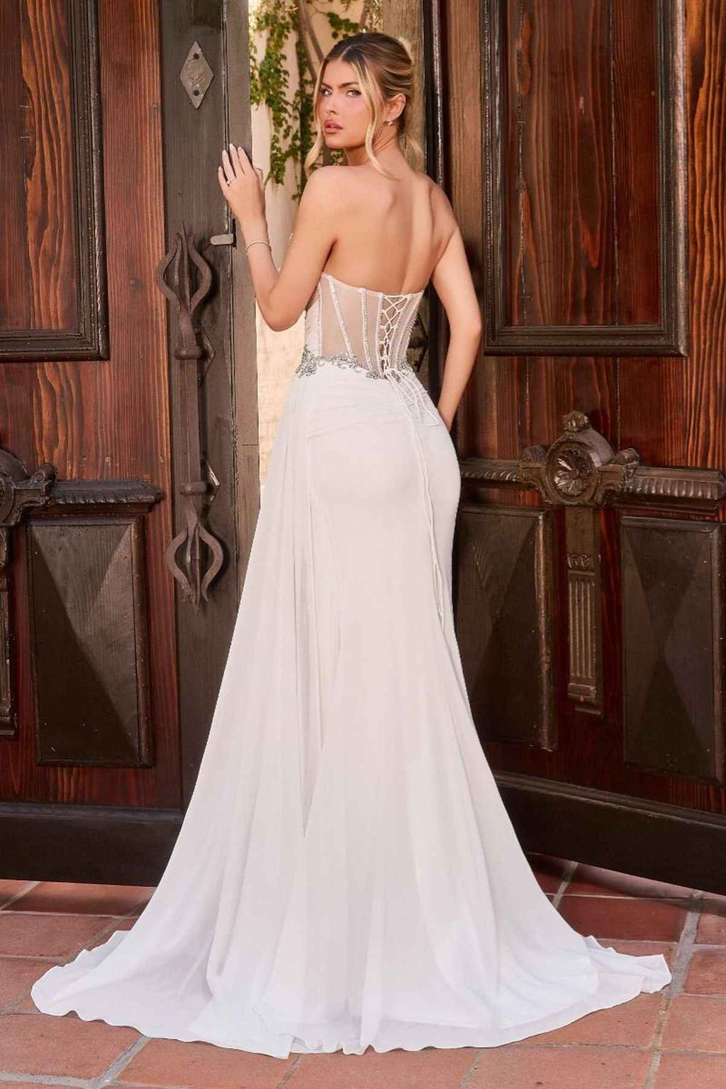 Ladivine KV1143W Fitted Strapless Side Sash with Slit Wedding Gown
